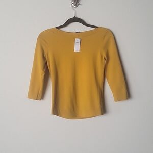 NWT Ann Taylor XS Yellow Mustard Modest Boat Neck Sweater Top Office Prep Fitted